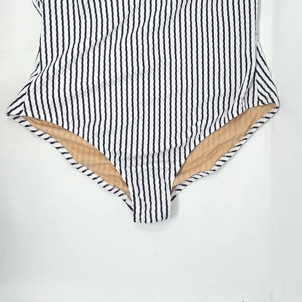 J Crew One Piece Swimsuit Wms XXL Navy Blue White Stripe Nautical Tie Shoulder